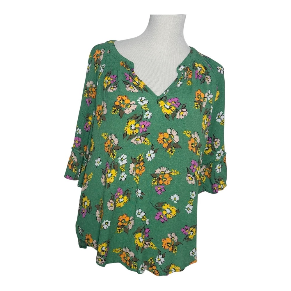 Democracy Womens Size-XL Blouse Rayon Green Floral Flared 3/4 Sleeve